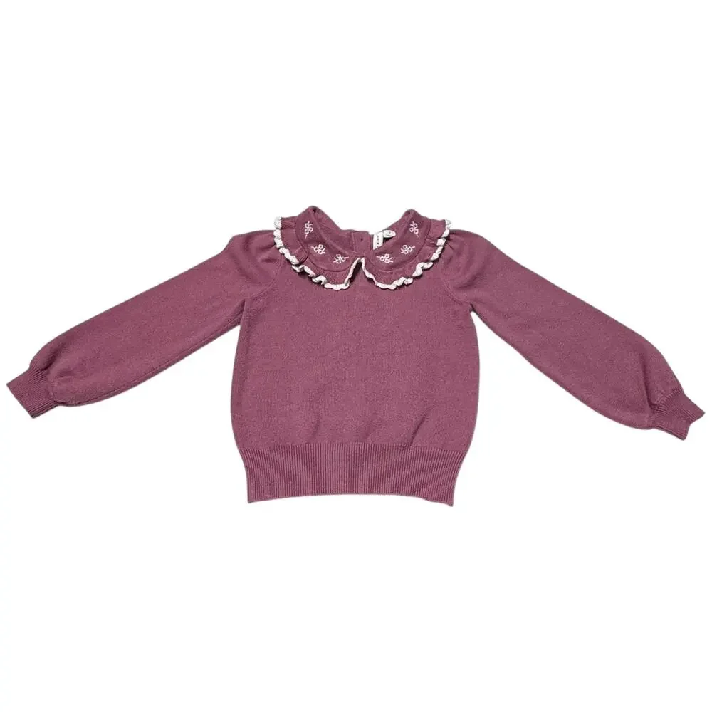 Janie and Jack Floral Ruffle Collar Sweater Mauve Pink White 4